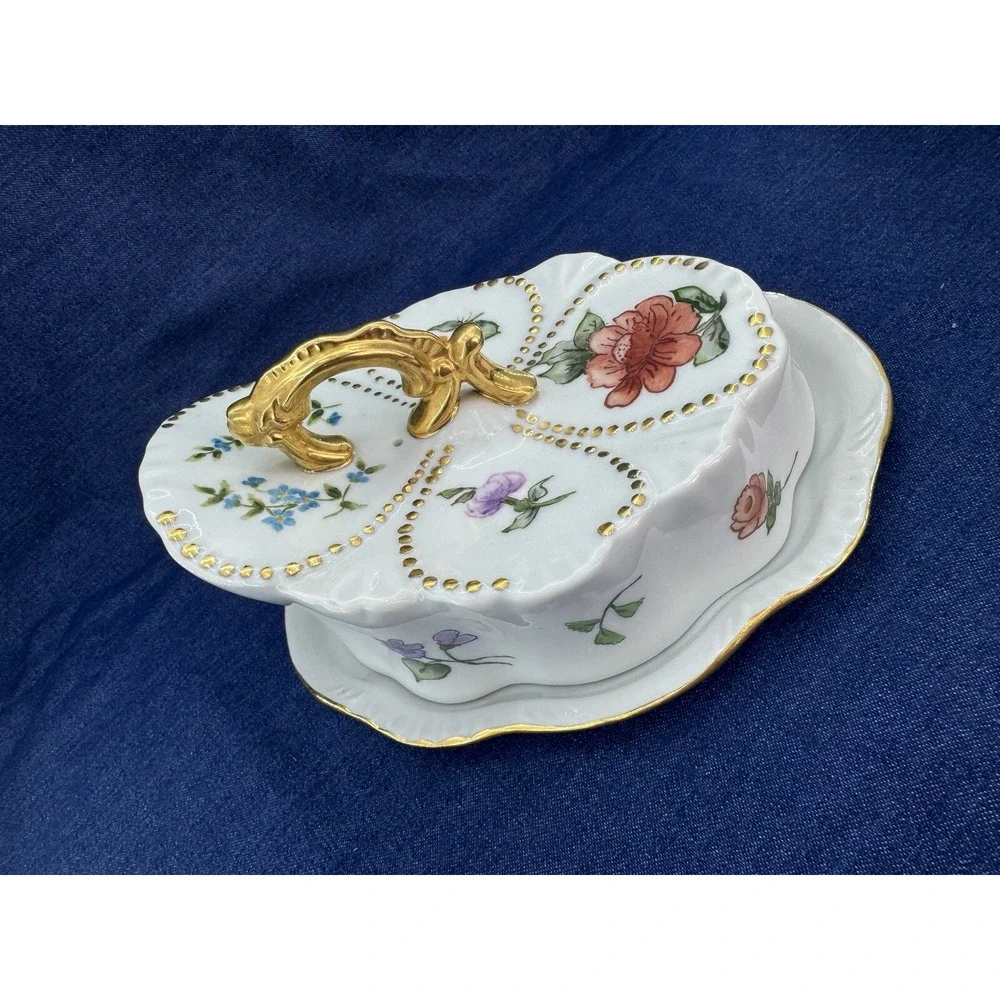 VTG Rare Covered Dish‎ & Knife Set Hand Painted Floral Signed Porcelain Ornate